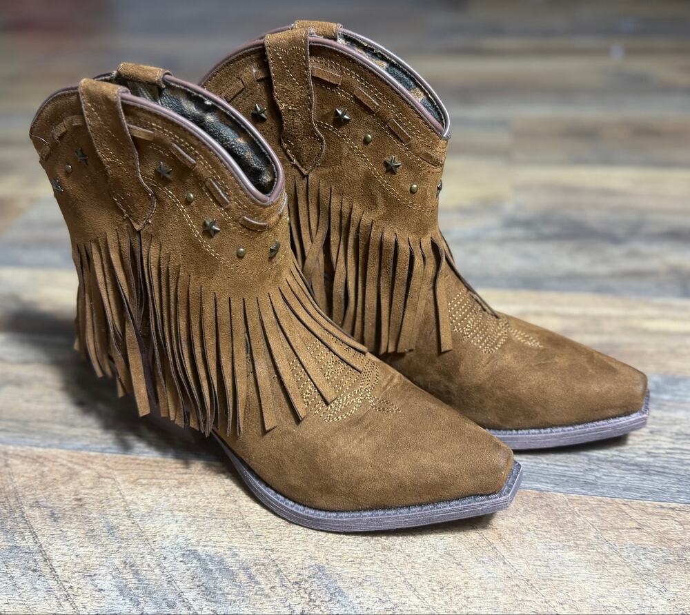 Dingo Women’s Western Cowboy Booties Brown Fringe Studded Embroidered Size 6M